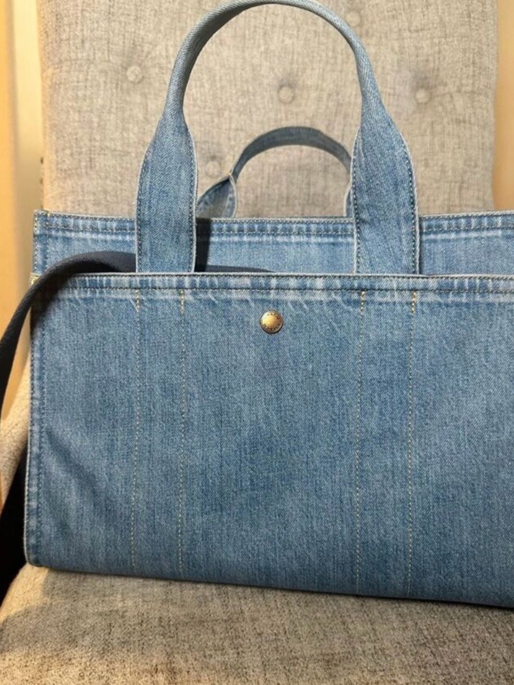 Coach Denim Blue Canvas Tote with Navy Strap and Tan Leather Accents - Picture 3 of 6